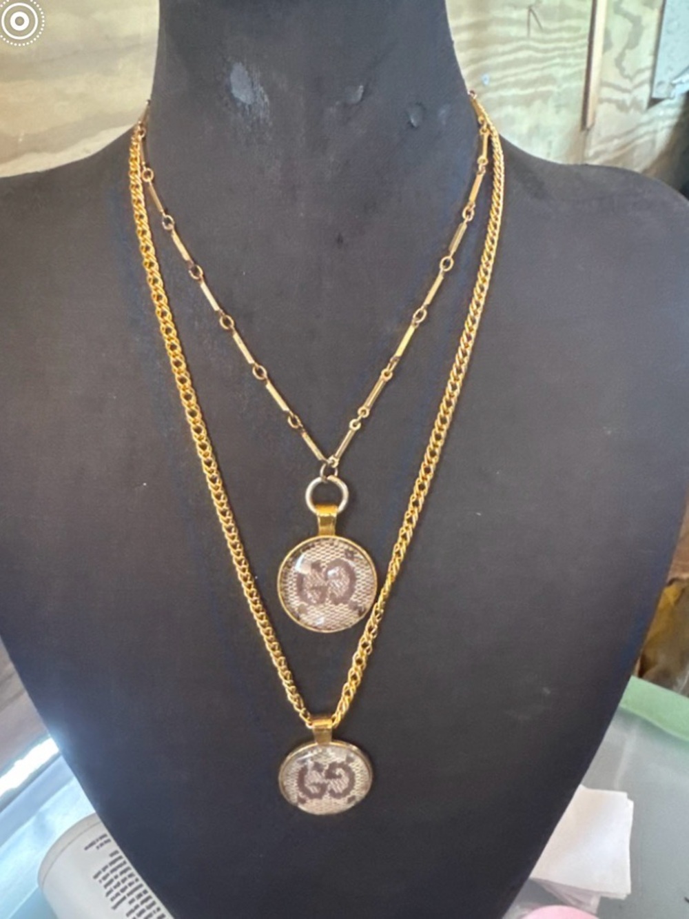 Gold Toned  Gucci Fabric Pendant under glass